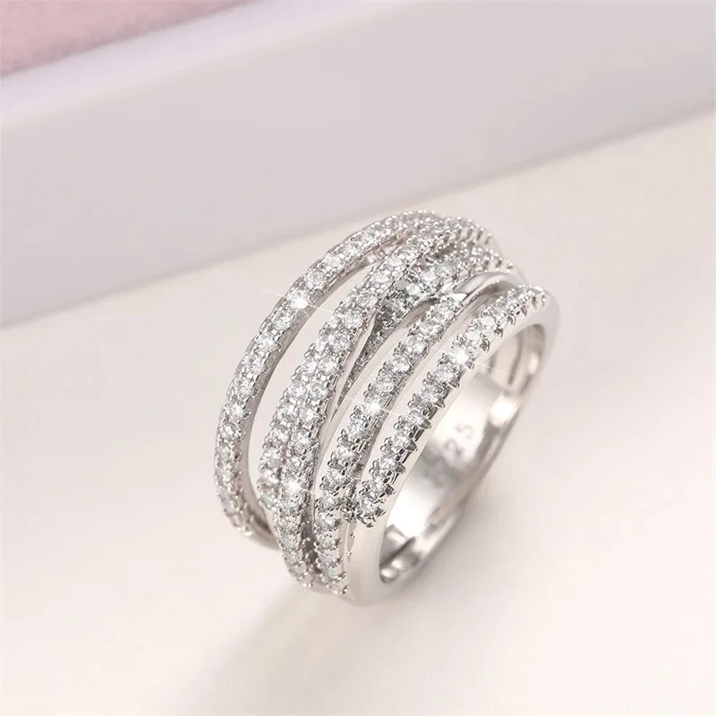 Huajie Inlaid Brilliant Zircon Annular Design Women's Rings Elegant Delicate Wedding Party Female Ring Shining Jewelry Trendy