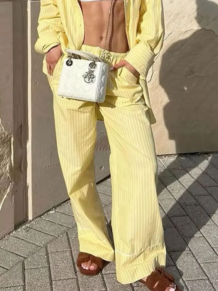 HH 2024 Stylish Summer Women\'s Yellow Striped Straight Long Pants Versatile High Waist Drawstring Cozy Loose Casual Trousers