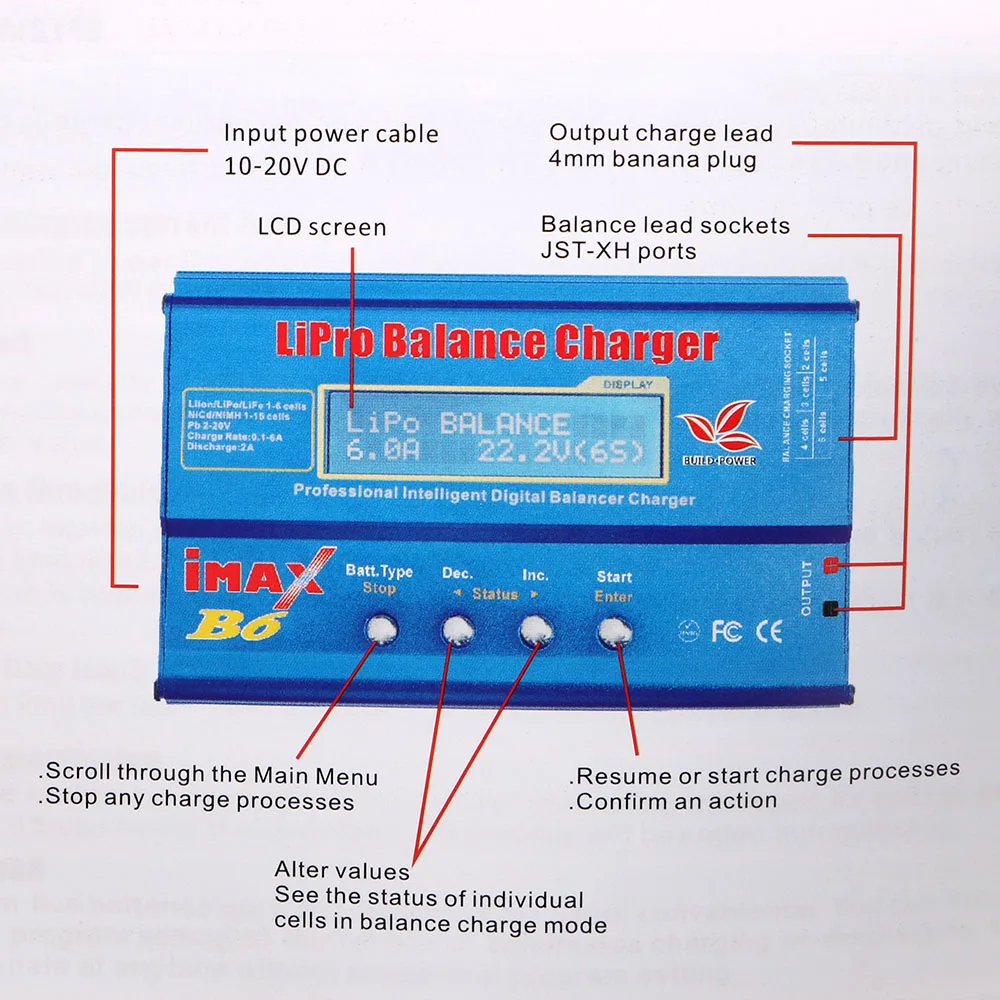 Intelligent 80W Battery Discharger Fast Charging Storaging DC 10-20V 6A Li-ion Polymer Balance Charger Imax B6 EU Plug 100-240V