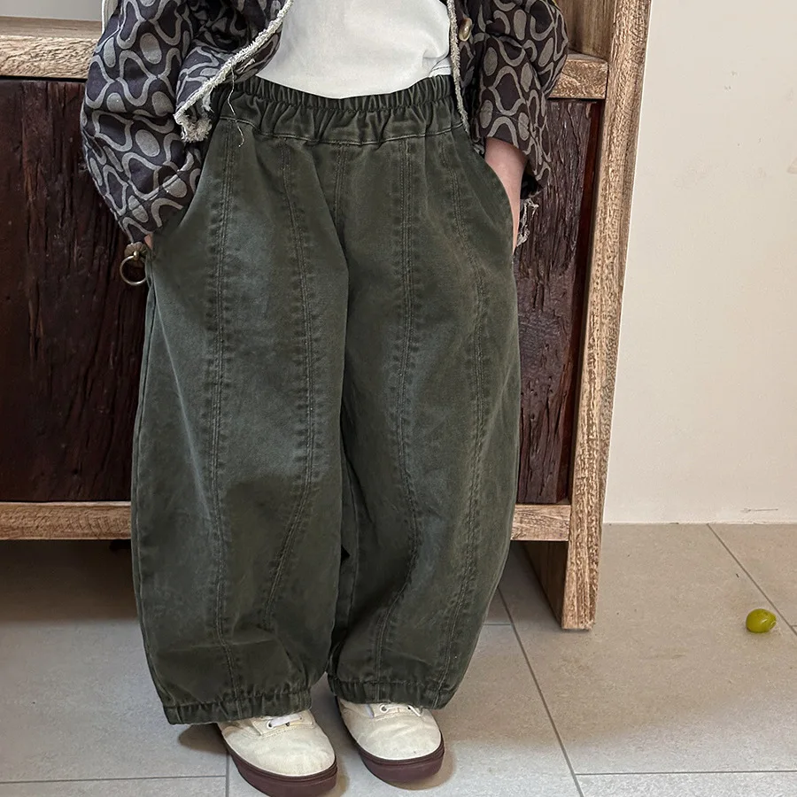 2025 Boys' Spring Washed and Worn Patchwork Pants Girls' Loose Carrot Fashion Korean Wide Leg Cropped