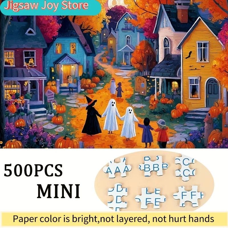 Un puzzle conçu pour les adultes mettant en scène une promenade hantée dans un quartier d'Halloween, parfait pour les jeux de fête et les activités