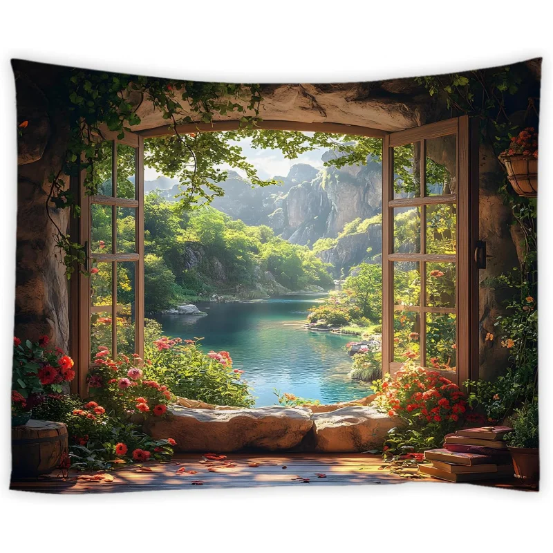 VIKAMA Natural Garden Tapestry: Forest, Mountains, Stone Wal