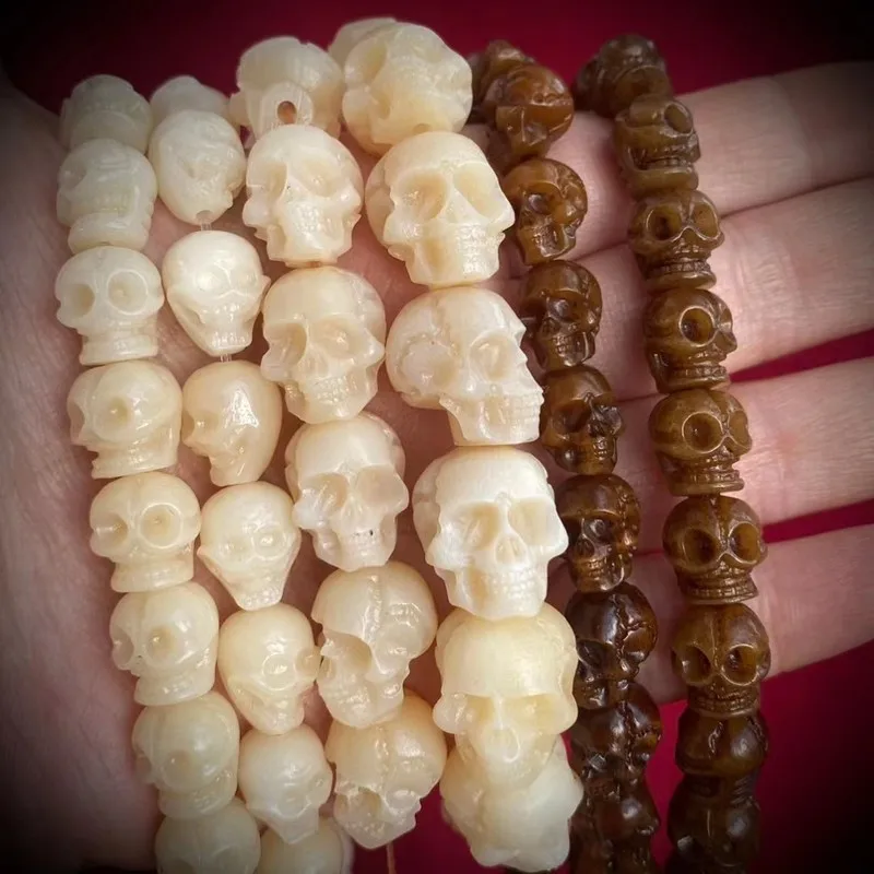 Tibetan-style Sutra Bracelet with Natural Camel Bone Carved Skull, Universal Buddhist Bead Accessory