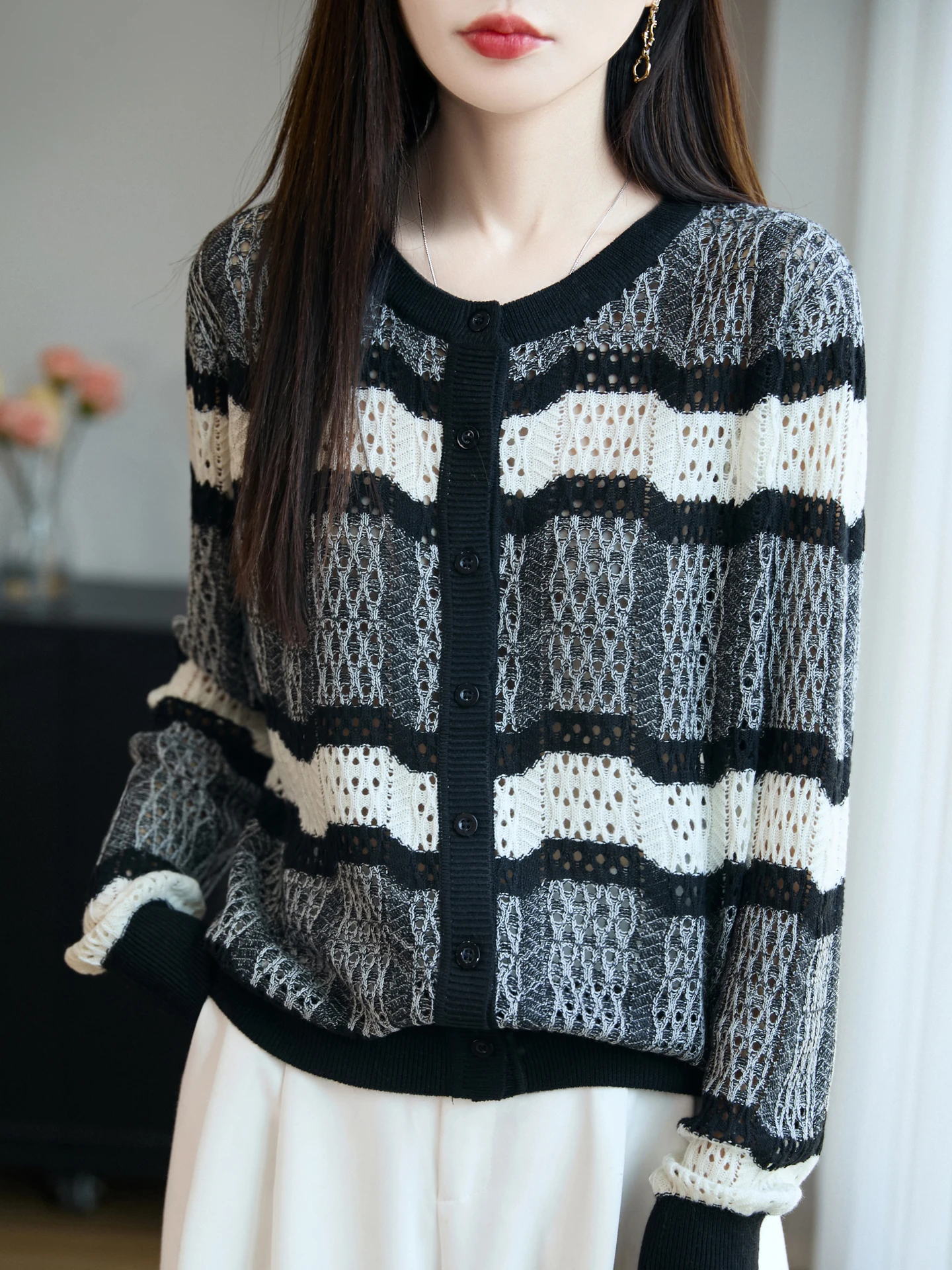 

New Fashion Spring Autumn Winter Women Sweater 30% Merino Wool Female Knitted Cardigan Hollow Out Lady Long Sleeve Clothing Tops