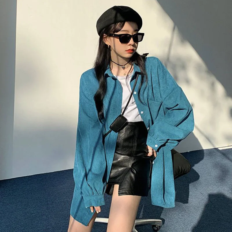 Spring Autumn New Korean Fashion Buttons Solid Color Loose Blouse Femme Simplicity Pocket Turn-down Collar Women Shirts Coat