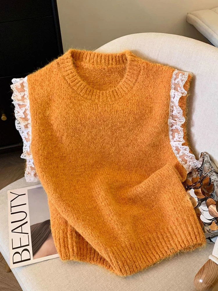 Zoki Lace Patchwork Sweet Sweater Vest Women Vintage O Neck Casual Knitted Tops Korean Preppy Style Lady Lazy Wing Cute Vest New