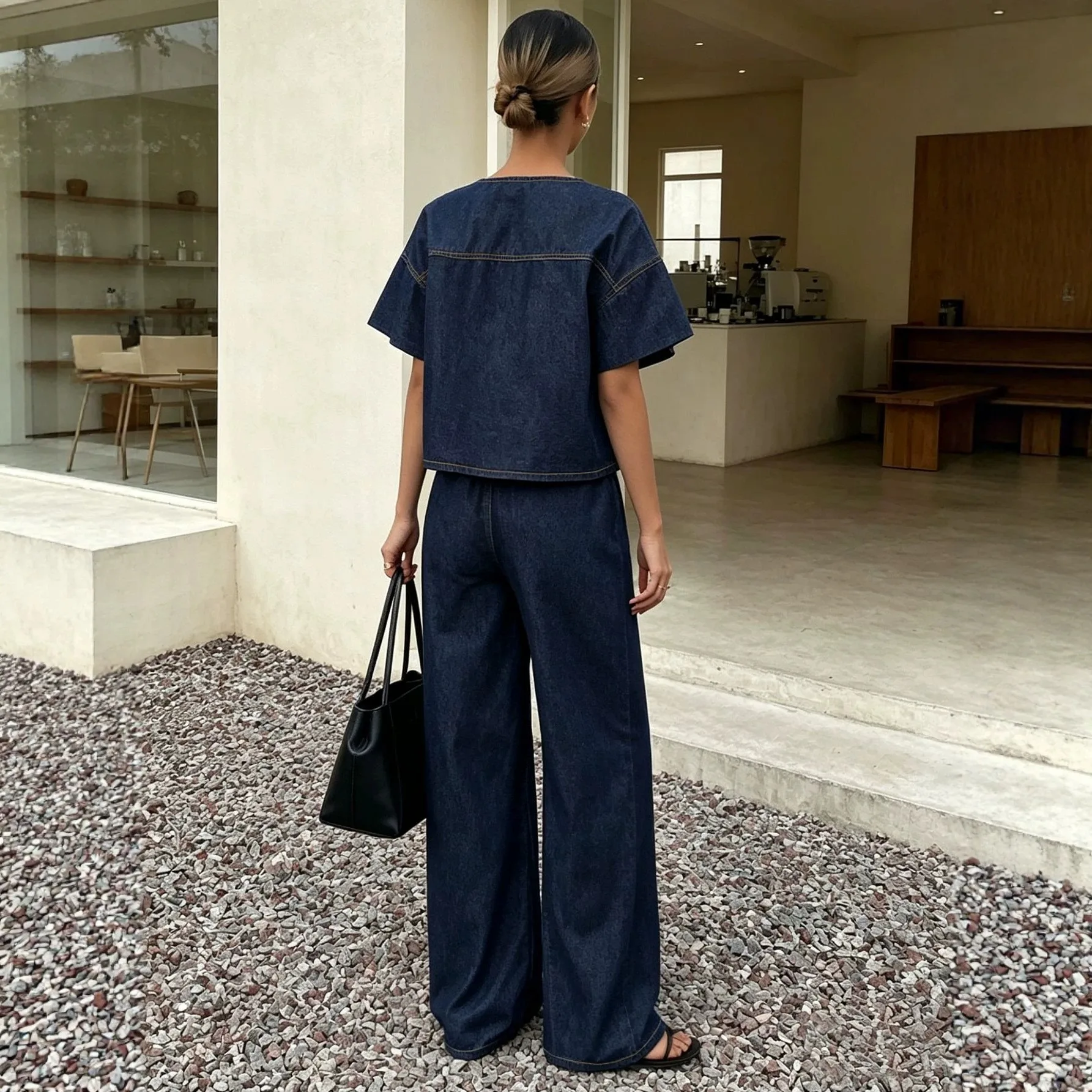 Tie Elastic Waist Set with Full Length Long Pants Open Front Short Sleeve V Neck Washed European and American Style Women Sets