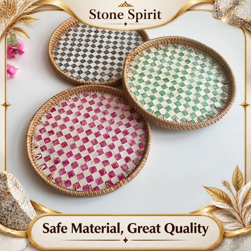 Handwoven Rattan Seashell Tray, Colored Shell Mosaic Design, Nordic Fruit Snack Serving Plate, Home Kitchen Dining Table Decor