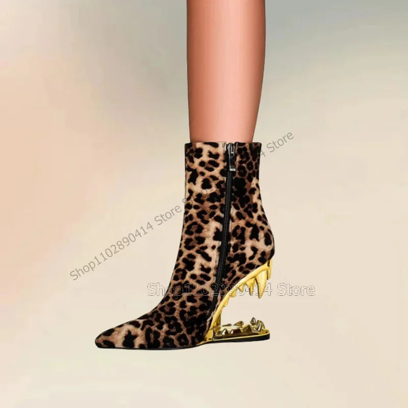 Leopard Print Strange Style Heels Boots Side Zipper Women Shoes Pointed Toe Fashion Party Feast Banquet 2024 Zapatos Para Mujere