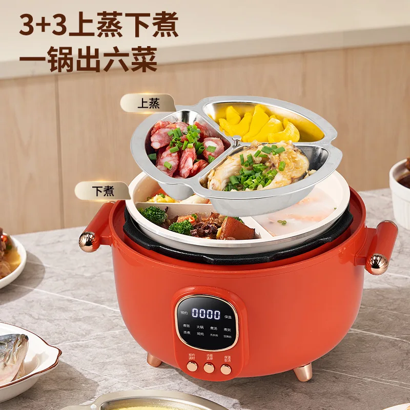 Orange 3‑Grid Divided Ceramic‑Glaze Electric Pressure Cooker, Large‑Capacity Dual‑zone Multi‑function High‑Pressure Cooking Pot