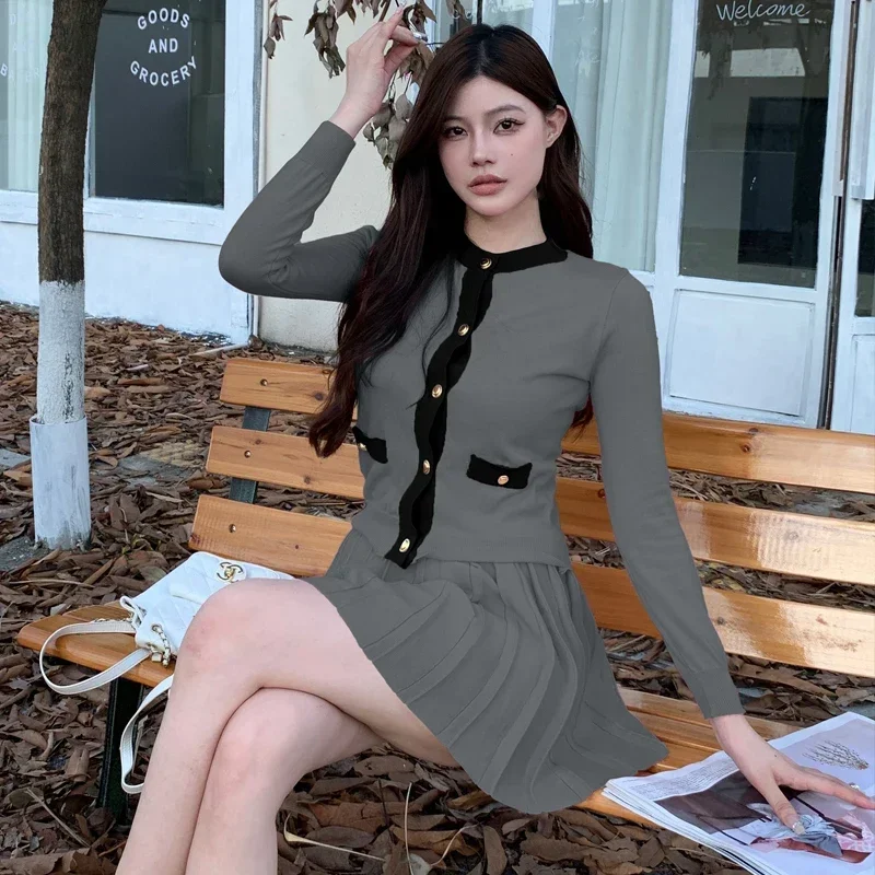 Gagarich Korean Fashion 2 Piece Set Sweet Color Block Single Breasted Top High Waist Slim Pleated Skirt Knitted Suit Clothing