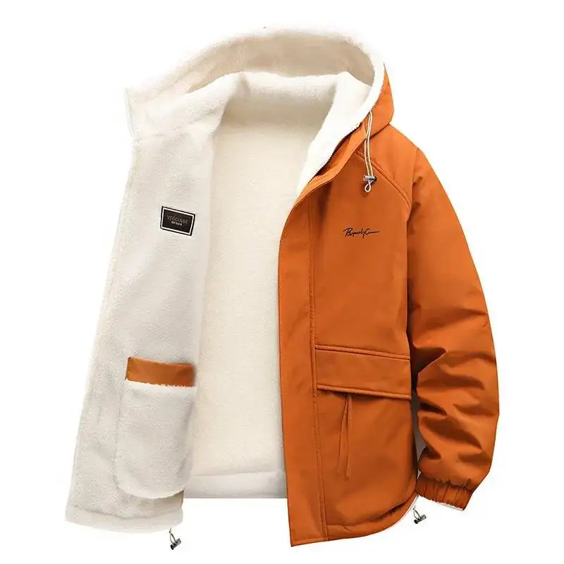 

Winter Lamb Fleece Hooded Jacket Men Women Reversible Cotton Jackets Casual Zipper Thick Warm Coat