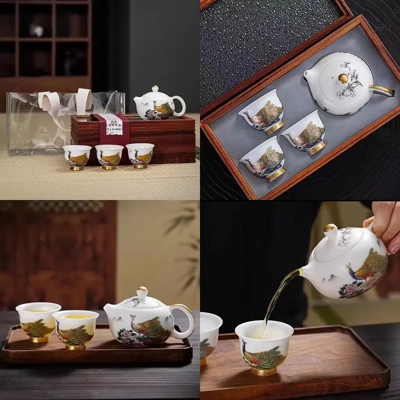 

【CHIMU HOME】 Ice Jade Porcelain Set for Kung Fu with Three Cups One Pot Sheath Wooden Box Travel Set Gift