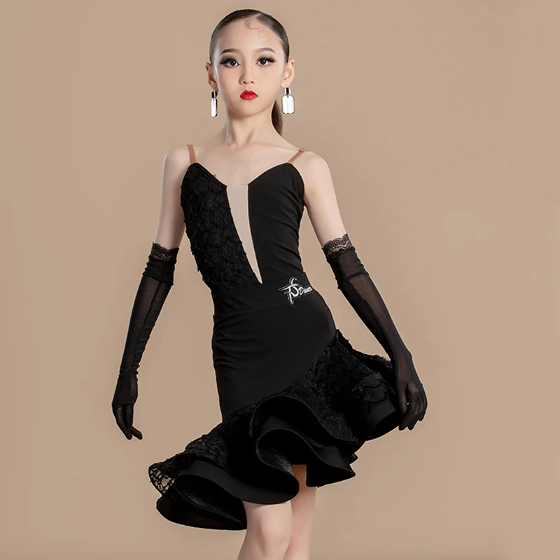 

2024 New National Standard Latin Dance Professional Dresses Girls Black Ballroom Dance Competition Dress Stage Wear SL10172