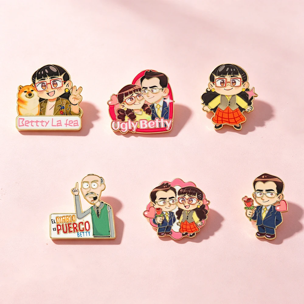 6pcsCute Q Version Couple Character Enamel Pins Heart Shape Metal Brooches Lovely Figure Lapel Badges For Backpack Clothes Decor