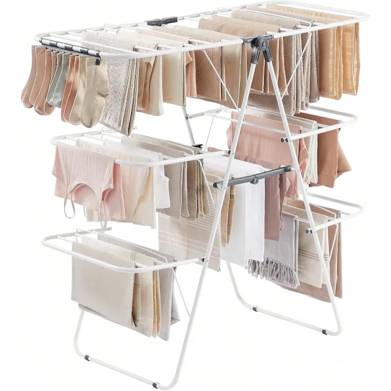 Living Room Furniture New-2026Clothes Drying Rack, Foldable 3-Level Laundry Rack, Free-Standing Large Drying Rack, With Height-Adjustable Wings, 39 Drying Rails, Sock Clips, White And Gray ULLR054W01 | Large Free-Standing Laundry Rack, Height-Adjustable