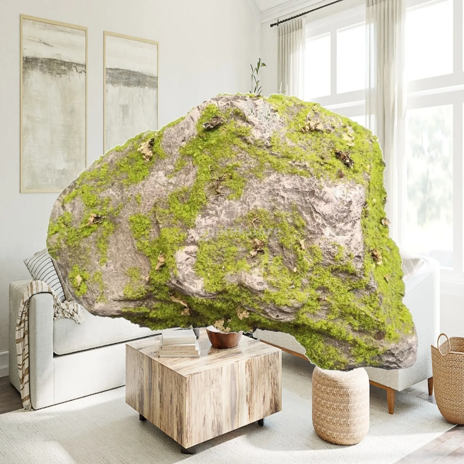Realistic Faux Mossy Boulder for Courtyard Decoration Lightweight PU Foam Stone with Textured Green Surface for Scenic Display