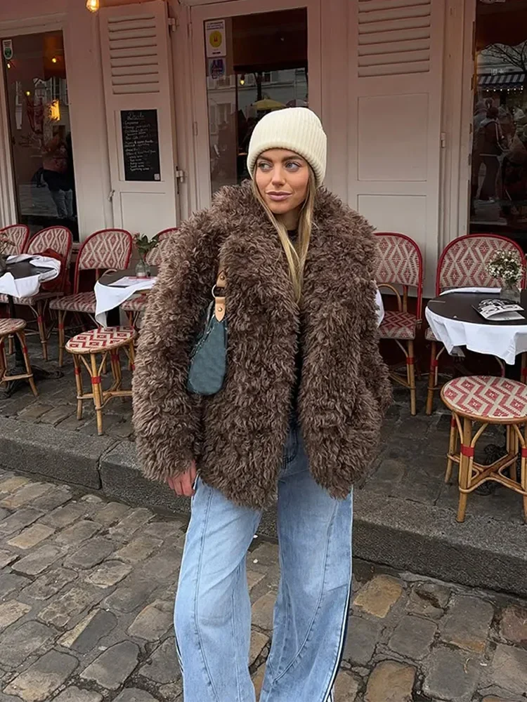豪華な人工ふわふわフェイクファーのジャケット女性エレガントなラペル長袖厚いコート秋冬暖かいストリートアウター