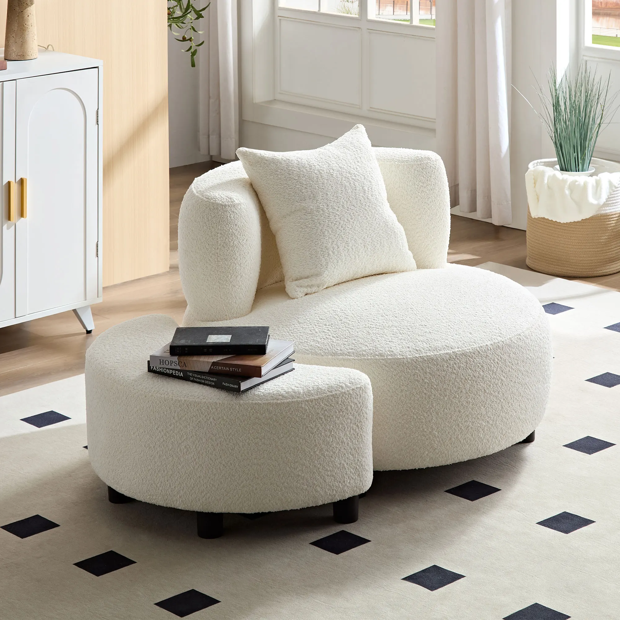 Modern Chair,Single Teddy Fabric Sofa Chair with Ottoman,SideTable, Foot Rest Comfy Chair
