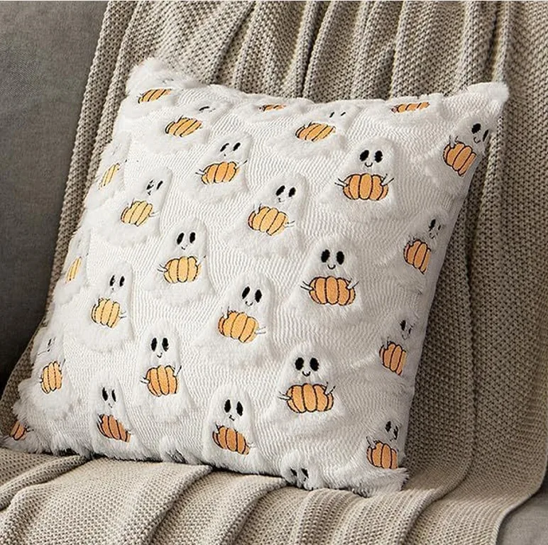 Semplice nuova fodera per cuscino in peluche zucca fantasma ricamo decorazione di Halloween cuscino per divano cuscino per comodino camera da letto