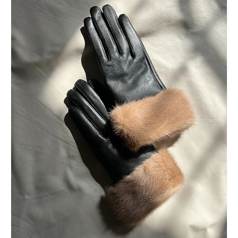 Women Real Mink Fur Gloves Soft Sheepskin Leather Gloves Winter Warmer 100% Real Mink Fur Mittens Female Genuine Gloves Guantes