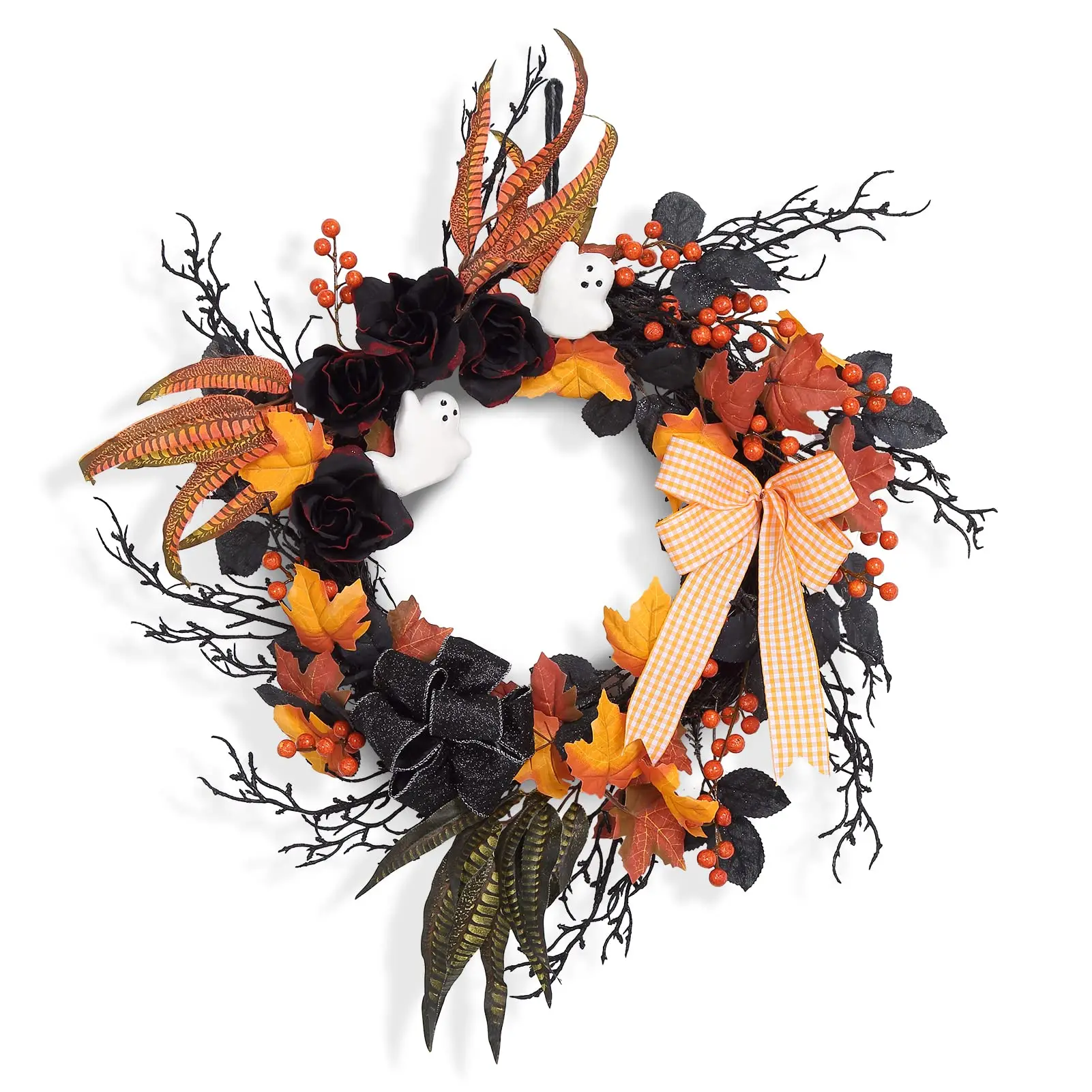 26 Inch Halloween Ghost Wreath For Front Door With Black Roses, Maple Leaves, Orange Bow, Spooky Indoor Outdoor Porch Wall Decor - view 2