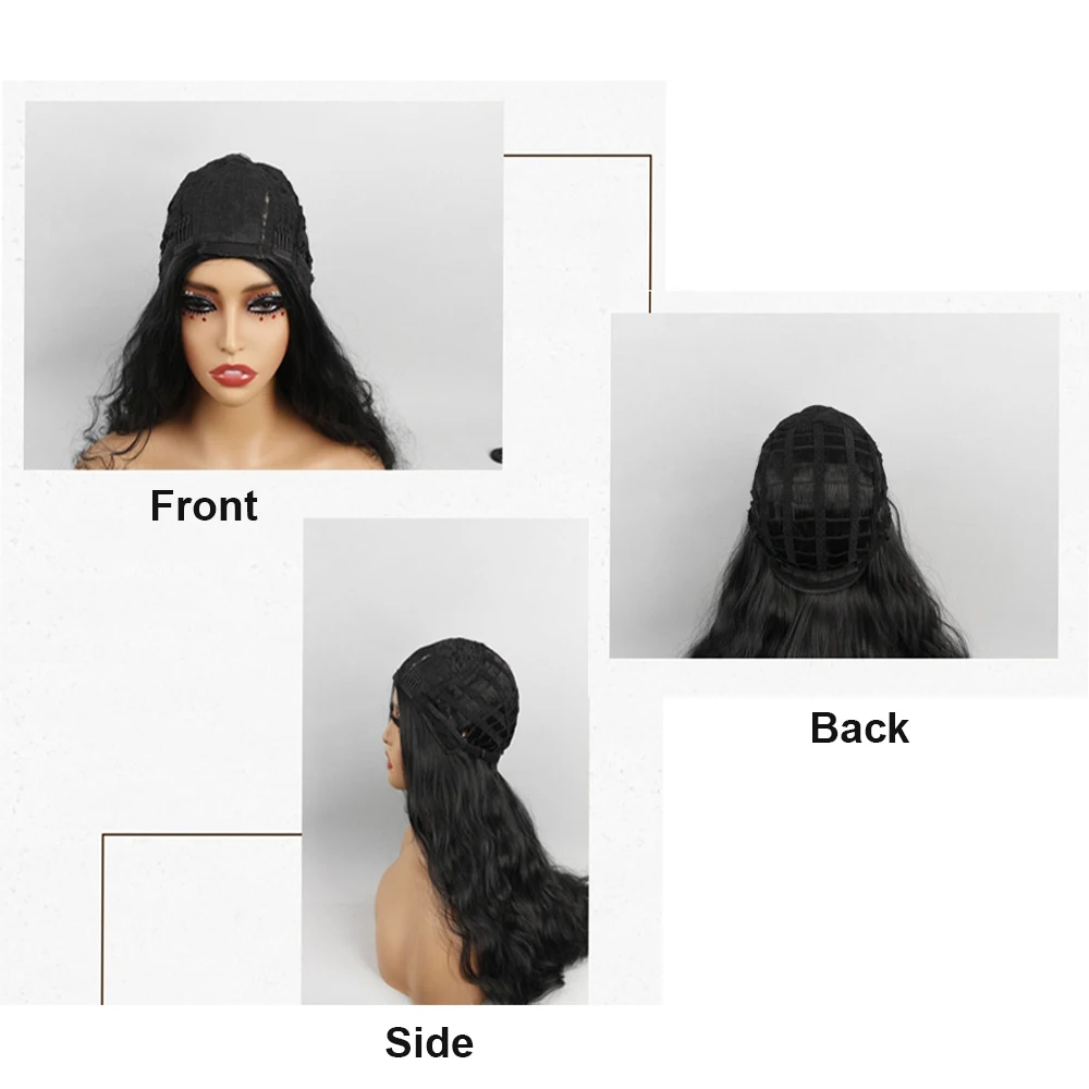 ロングディープウェーブウィッグ ナチュラルブラックヘアウィッグ 女性用 合成繊維 26インチ ミドルパート デイリーパーティー用 耐熱ファイバーウィッグ