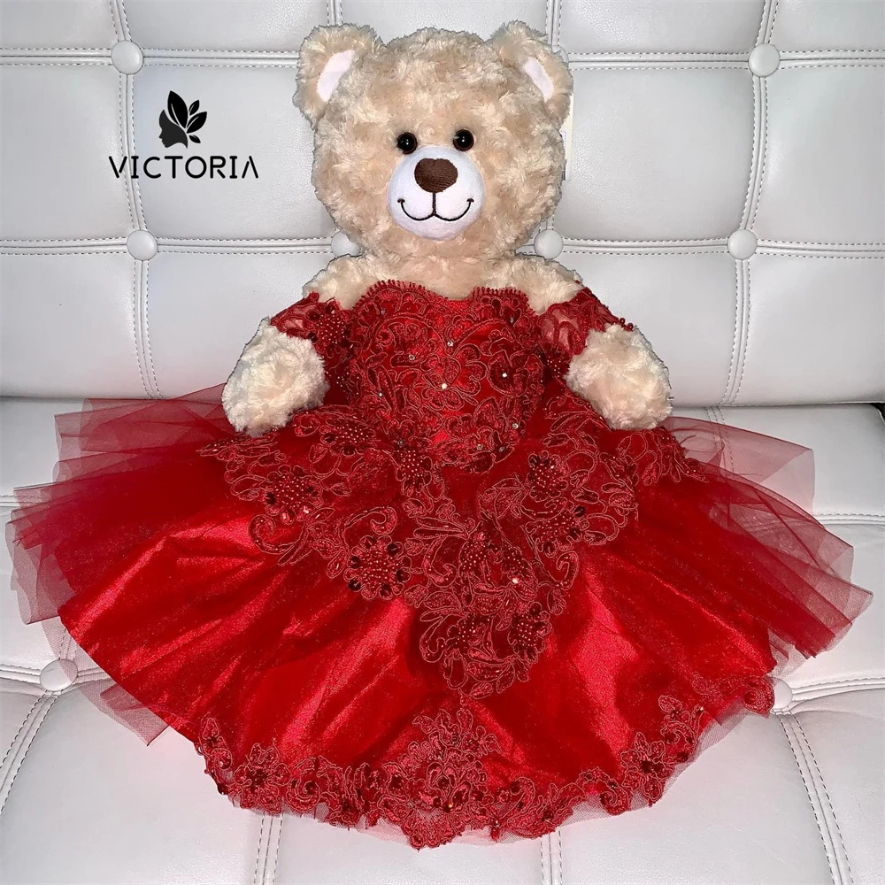 

Amazed Red Lace Applique Personalized Quinceanera Teddy Bear Dress Sweetheart Flowers Appliques Crystals Bead Off The Shoulder