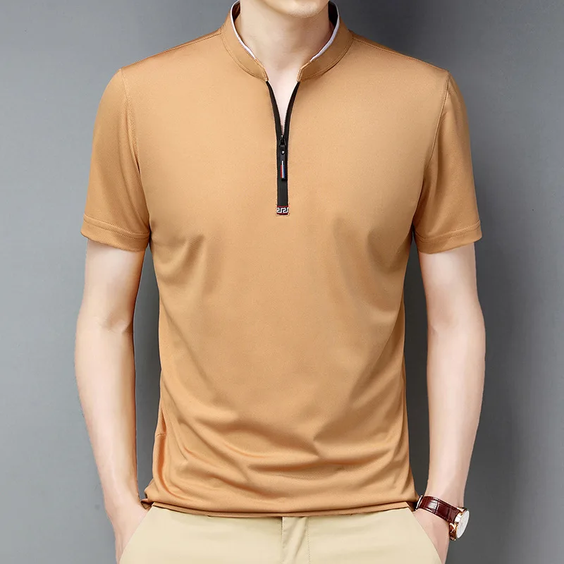 2023 Summer New Breathable High Quality men's Zipper Polo Shirt High-end Business Casual Stand Collar Short Sleeve T-shirt