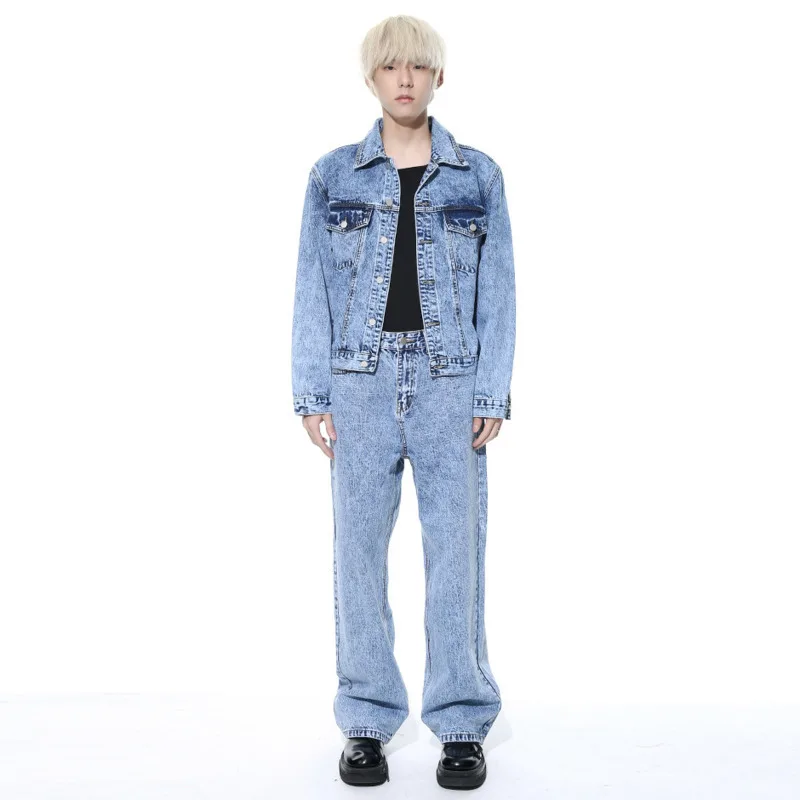 SYUHGFA Niche Design Men's Two-piece Sets Loose Short Denim Jackets Wide Leg Solid Color Straight Pants Fashion 2024 Autumn