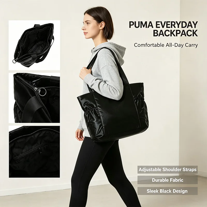 Puma Black Backpack Daily School Backpack Adjustable Shoulder Straps Lightweight Durable Spacious Minimal Casual Sport Daypack