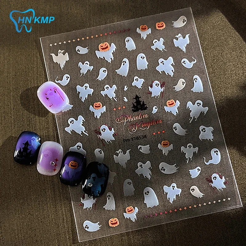 1 hoja de pegatinas de uñas de fantasma aleteo blanco de Halloween para manicura DIY dijes calabaza autoadhesivo mujeres hogar DIY calcomanías de uñas