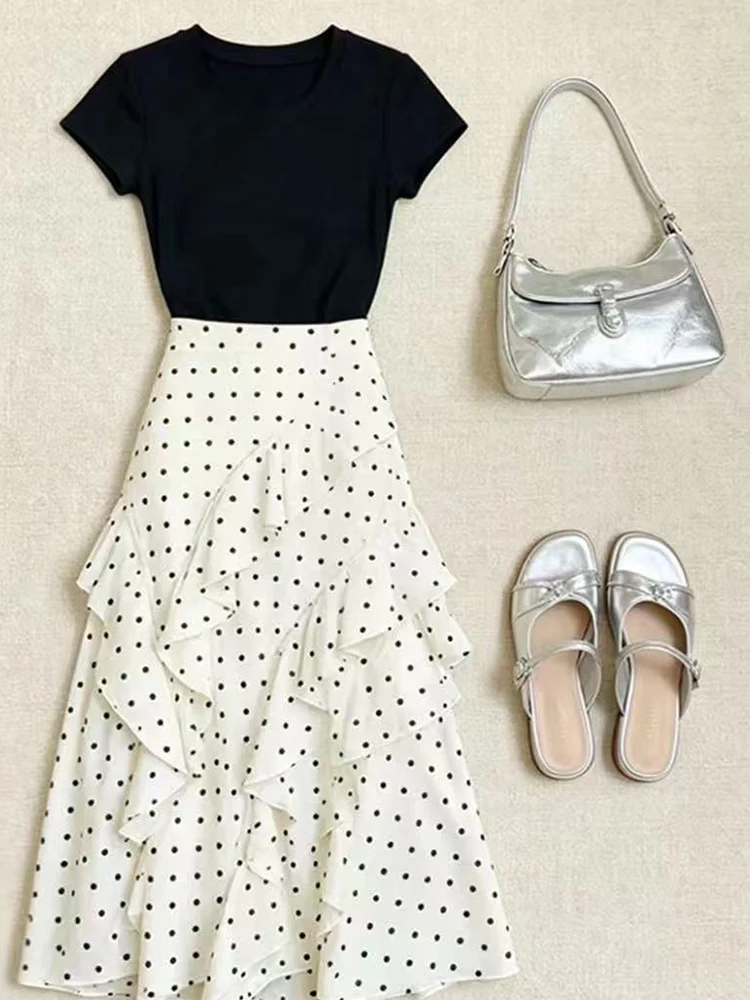 

Summer Black Short Sleeve Polka Dot Asymmetrical Skirt And Top Set Women's Fashion Korean Style Half-length Skirt Outfit
