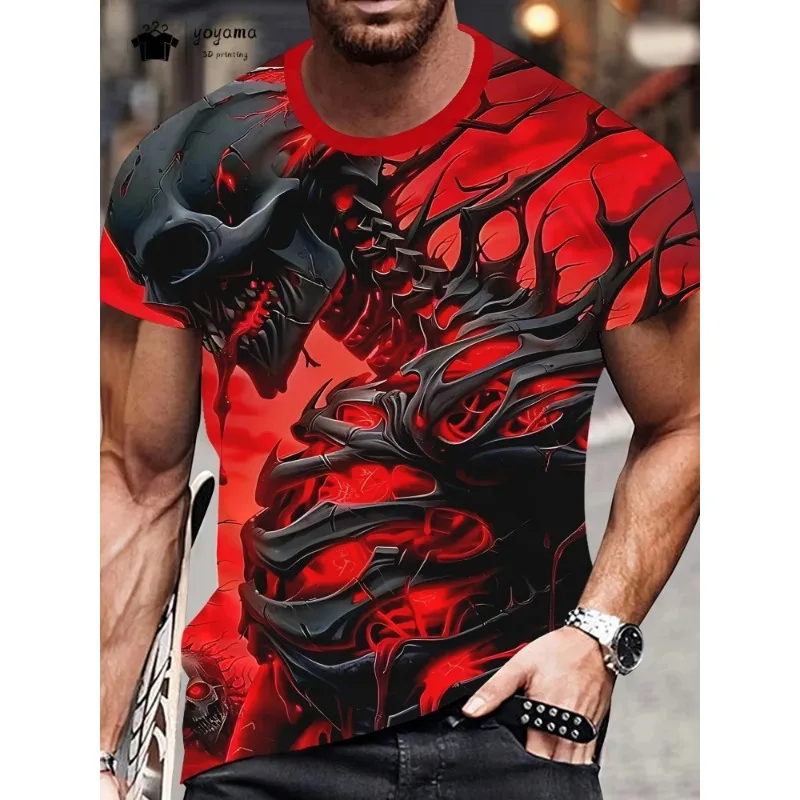 

2025 horror skull 3D printed men's and women's fashionable round neck T-shirt casual short sleeved oversized T-shirt fashionable