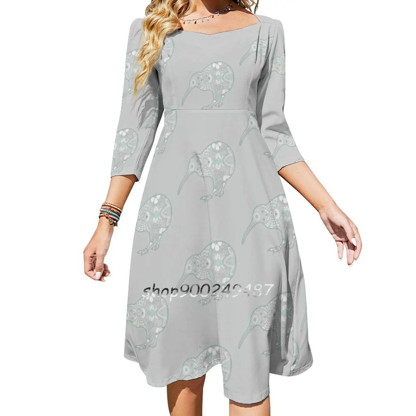 Day Of The Kiwi Dresses For Women A-Line Korea Style Slim Long Sleeve Dress Kiwi Kiwi Bird New Zealand Zealand Day Of The Dead