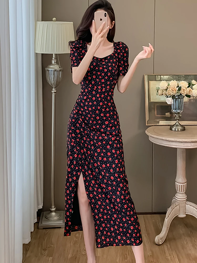 2025 New Floral Sqaure Collar Casual Slit Long Dress Summer Korean Elegant Bodycon Party Dress Women Vintage Luxury Night Dress