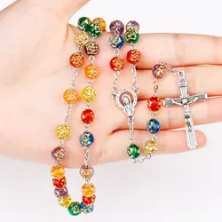 Christian Rosary Necklace For Women Virgin Mary INRI Cross Pendant 8MM Rose Beads Chain Religion Prayer Party Jewelry