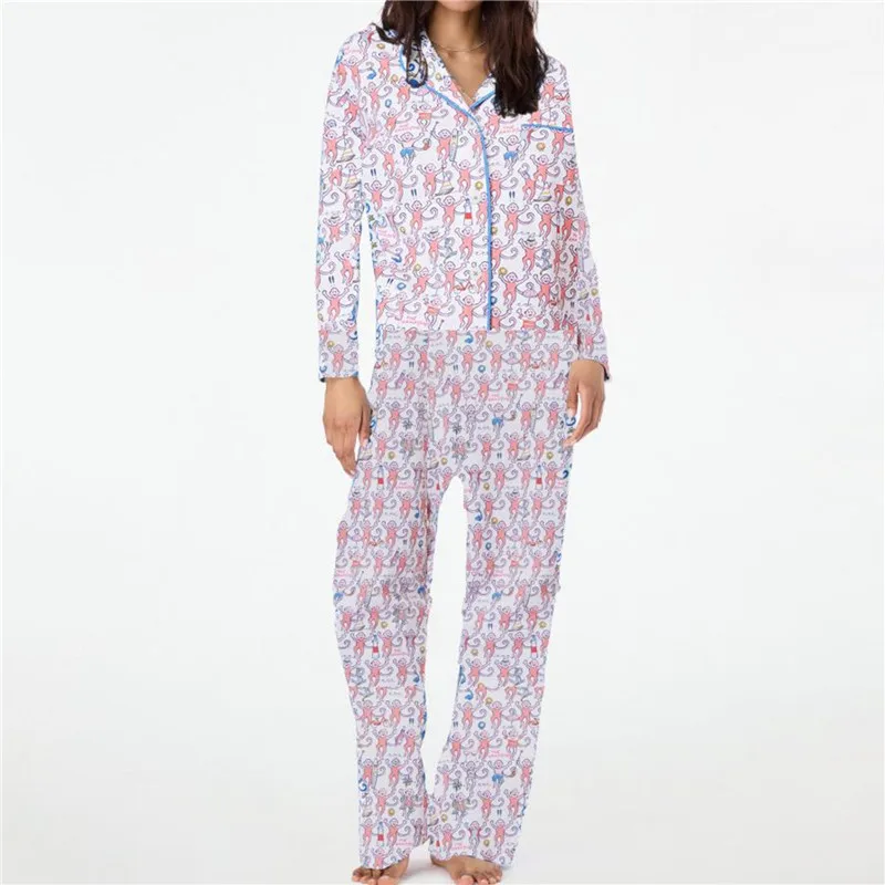 الأسطوانة أرنب القرد منامة Preppy Pjs لطيف Pj السراويل مجموعات للنساء Y2k طويلة الأكمام منامة مجموعة 2 قطعة المتسكعون