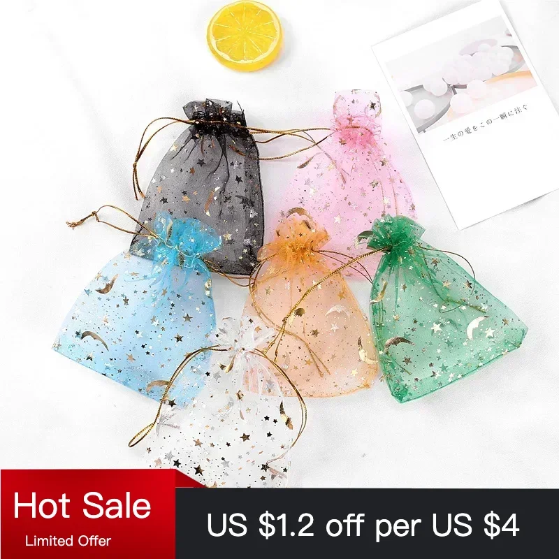 50/100 Pcs Drawstring Gift Bags Jewelry Candy Packaging Star Moon Bag Small Organza Gifts Bag Pouches Wedding Favor Package