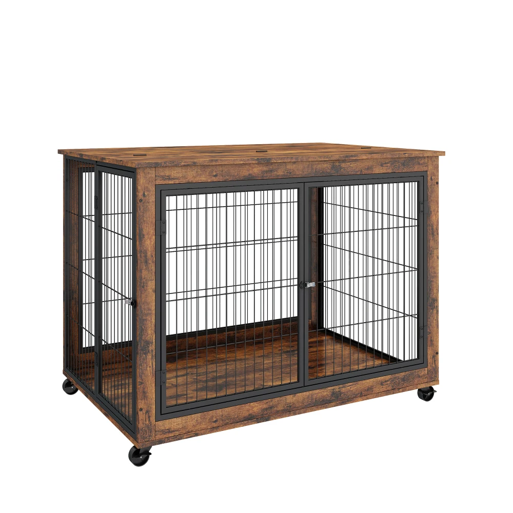 

Furniture Style Dog Crate Side Table on Wheels with Double Doors and Lift Top. Rustic Brown, 43.7'' W x 30'' D x 31.1'' H.