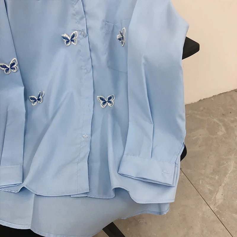 EBAIHUI Women Shirts Long Sleeve Butterfly Embroidered Blouses Spring Lapel Temperament Solid Female Blusas Basic Outwear Top