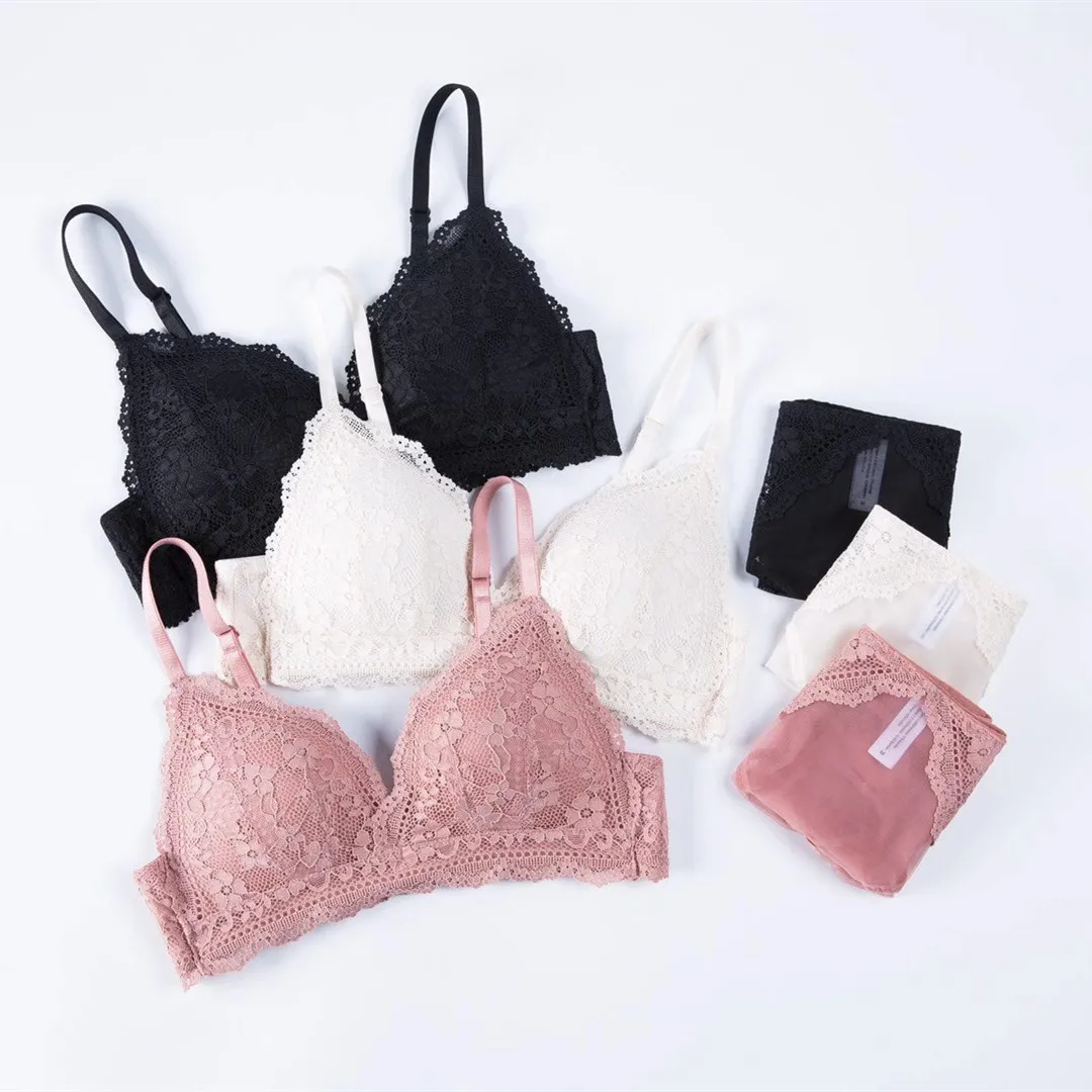 

French Sexy Lace Lingerie Suit Thin Triangular Cup Without Steel Ring Underwear Small Chest Gathering Upper Support Bra Set