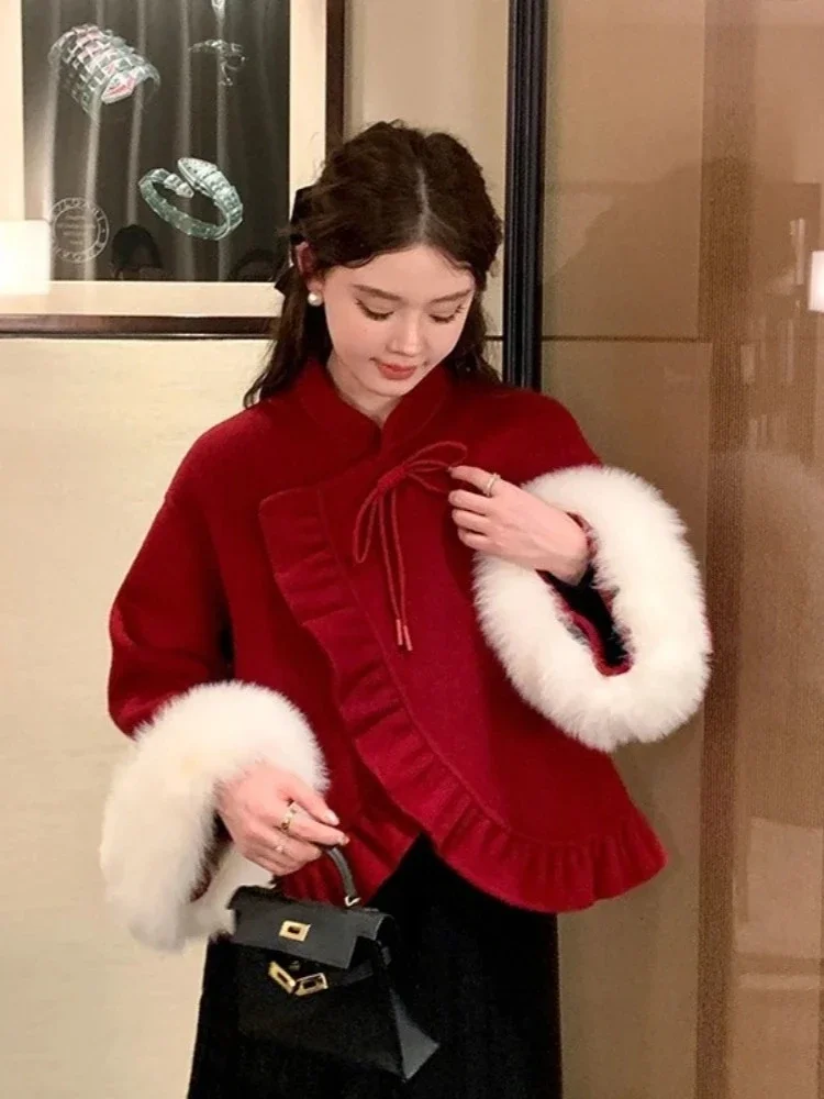 Frauen Kurze Echt Fox Pelz Woolen Blends Jacke Neue Herbst Winter Top Kleidung Dicke Warme Pelz Kaschmir Wolle Mantel Weibliche