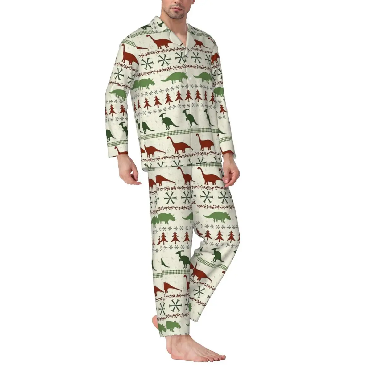 Pajamas Male Dinosaur Christmas Pattern Daily Nightwear Two Piece Retro Pajama Sets Long-Sleeve Trendy Oversized Home Suit