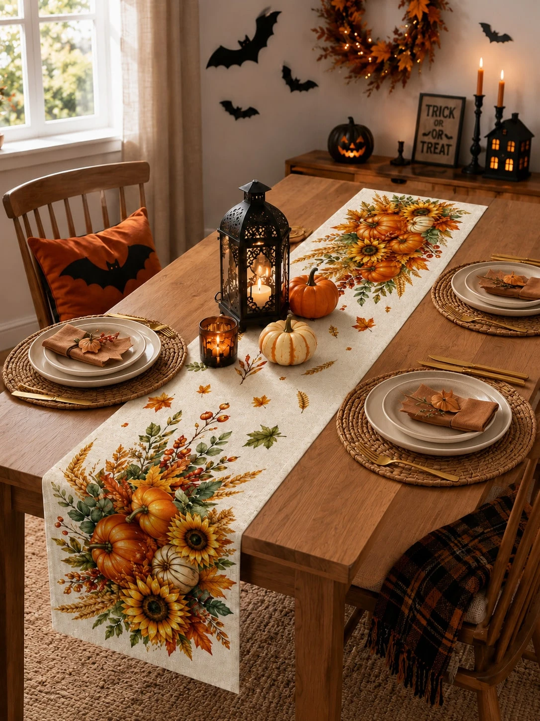 1pc Fall Table Runner,2D Pumpkin Sunflower Maple Leaf Print Multi‑Size Tablecloth,Harvest Decor for Dining Table Kitchen Living