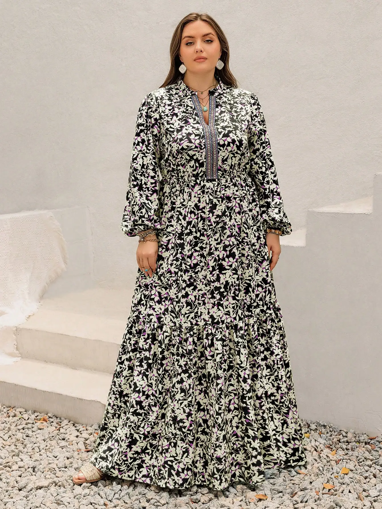 

Plus Size Women Vacation Style Floral Print Flowy A-Line Long Sleeve Dress Black Spring Elegant