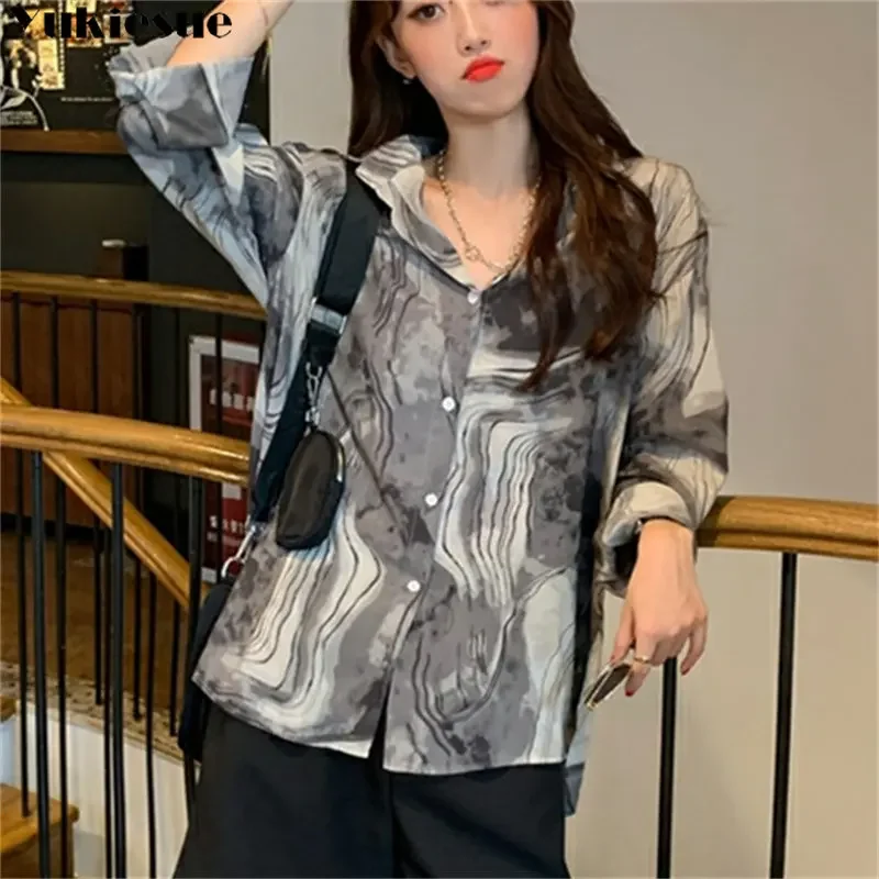 

Retro Fashion Aestheticism Ink Print Long Sleeve Shirt Women's Spring New Korean Loose Hong Kong Style Design Shirt Style of Art