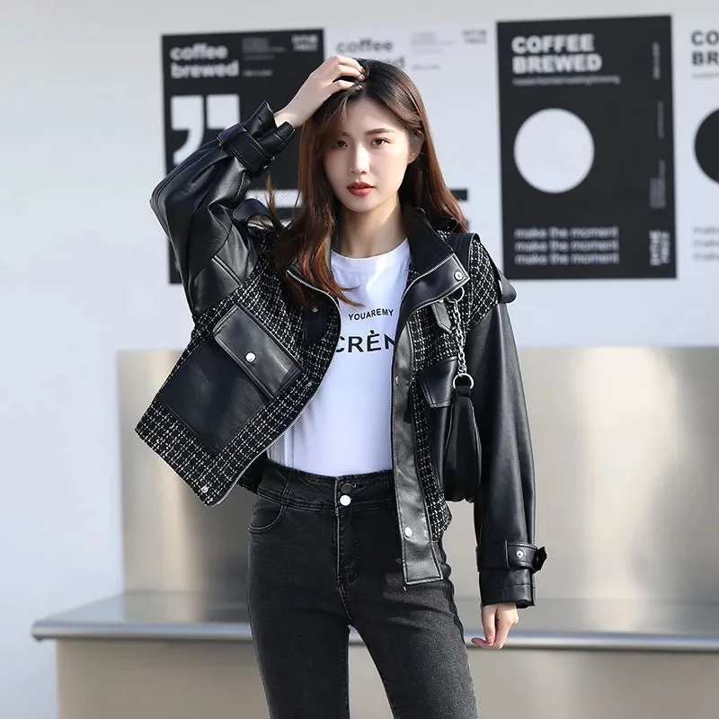 Small Fragrant Wind Leather Coat Short Coat Female Tide Ins Autumn Winter Port Wind 2023 Motorcycle Jacket Jacket Solid Color Z4