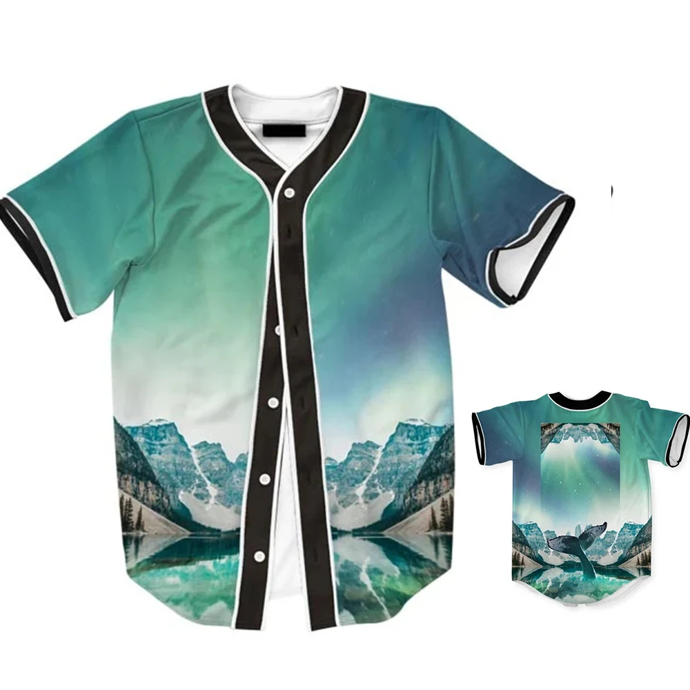 Camisa de béisbol con estampado de paisaje de alta definición, camisa de béisbol de botonadura única, Top de manga corta cómodo informal para el hogar diario MB27