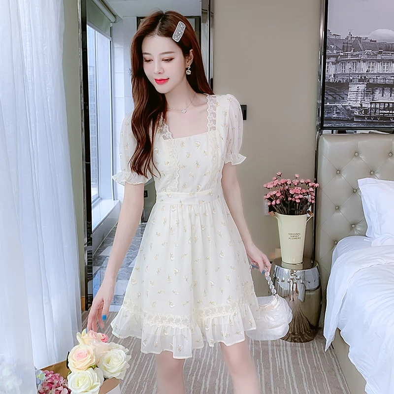 Süßer, sanfter, floraler Chiffon-Rock von Dr. Princ mit Initialen-Datum, hohe Taille, Bubble Sve ort Summer Commute Sle A-Line Dr